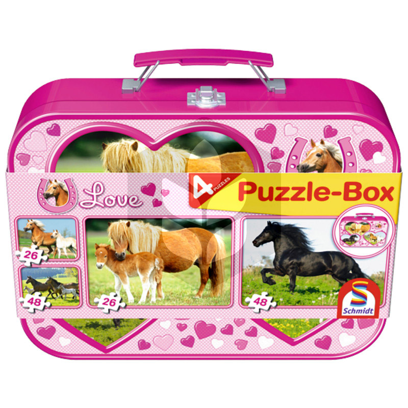 Set 4 Puzzle-uri Caluti, Puzzle-Box in cutie metalica - 2 x 26, 2 x 48 piese, copii 3+ ani