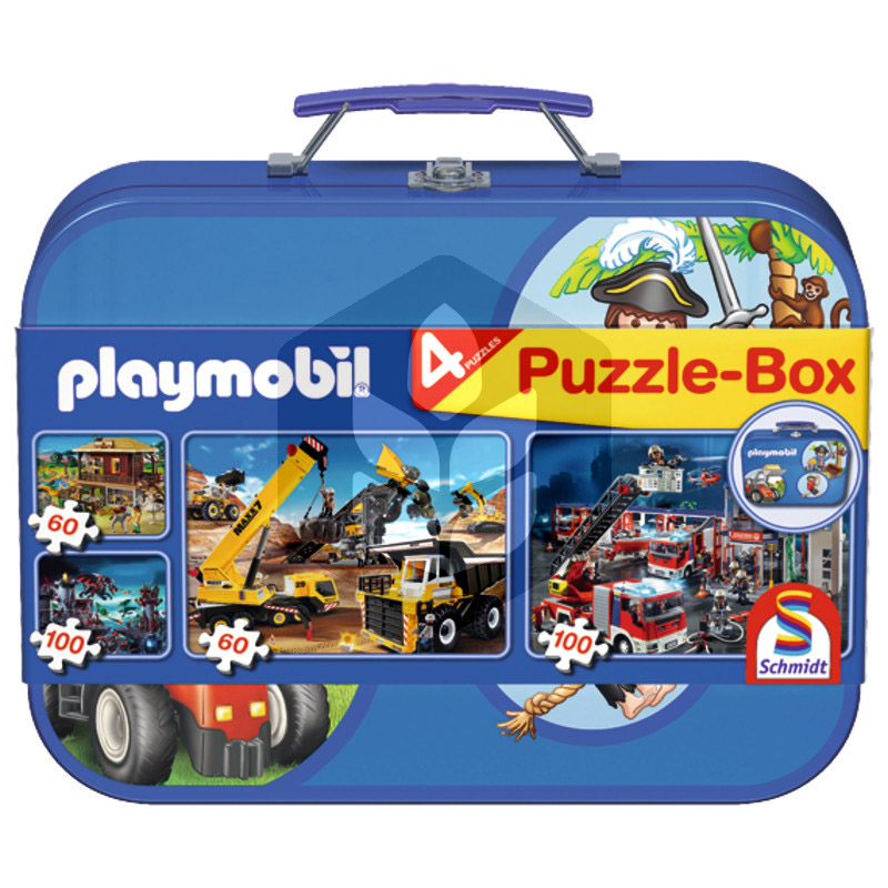 Set 4 Puzzle-uri Playmobil in cutie metalica - 2 x 60, 2 x 100 piese, copii 3+ ani