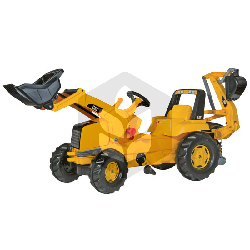Excavator cu pedale CAT galben cu incarcator Junior si retroexcavator, 165 cm