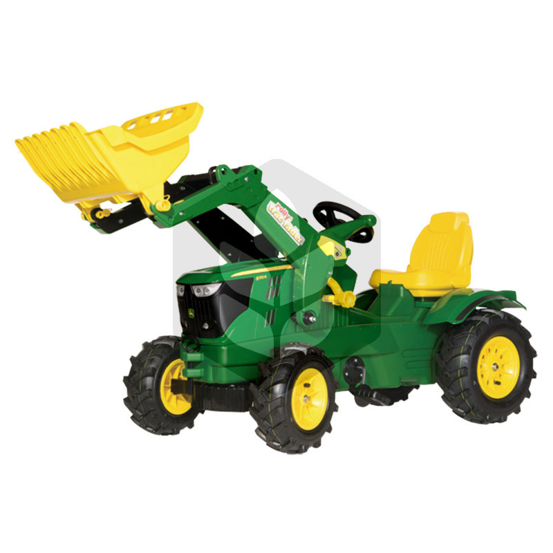 Mini Tractor cu pedale John Deere 6210 R cu incarcator, 1.42 m, verde, cu anvelope pneumatice, pentru copii