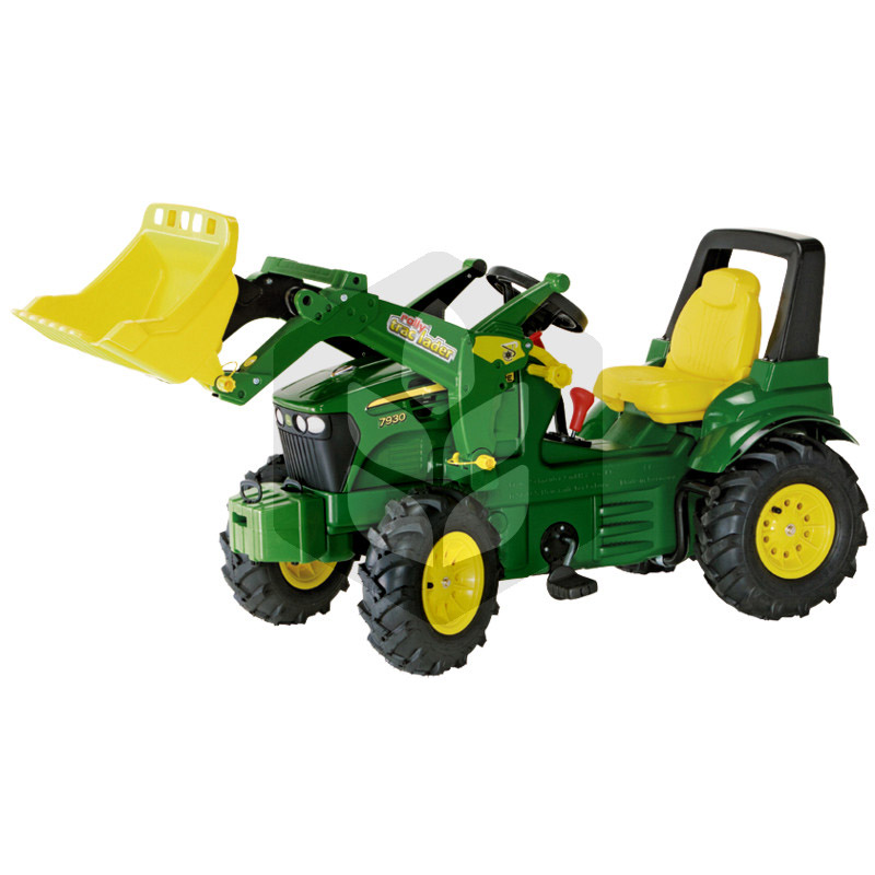 Mini Tractor cu pedale John Deere 7930 cu incarcator, 1.46 m, verde, cu anvelope pneumatice, pentru copii