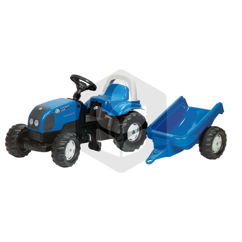 Mini Tractor cu pedale Landini Powerfarm 100 cu remorca, 1.34 m, albastru, pentru copii