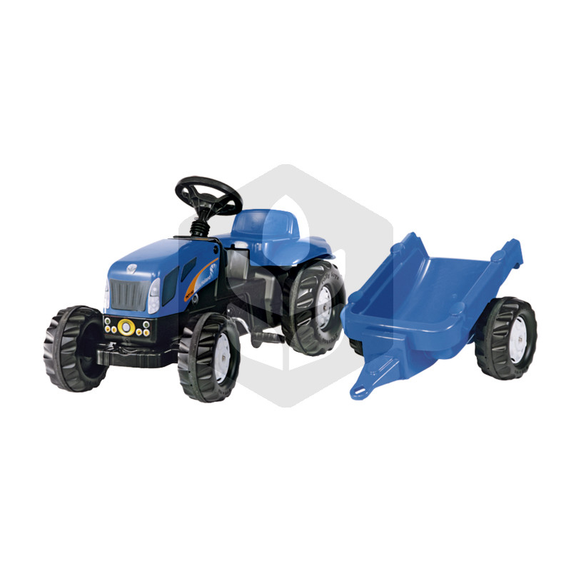 Mini Tractor cu pedale New Holland T 7550 cu remorca, 1.34 m, albastru, pentru copii
