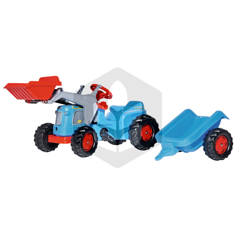 Mini Tractor cu pedale Classic Trac albastra cu remorca si incarcator, 1.62 m, albastru, pentru copii