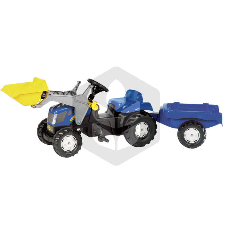 Mini Tractor cu pedale New Holland T 7550 cu remorca si incarcator, 1.61 m, albastru, pentru copii