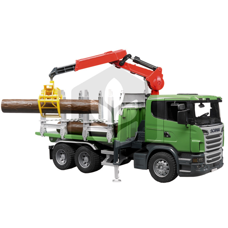 Scania Seria R Autocamion transport lemne cu macara, cupa de excavator si 3 butuci, macheta 54.5 cm