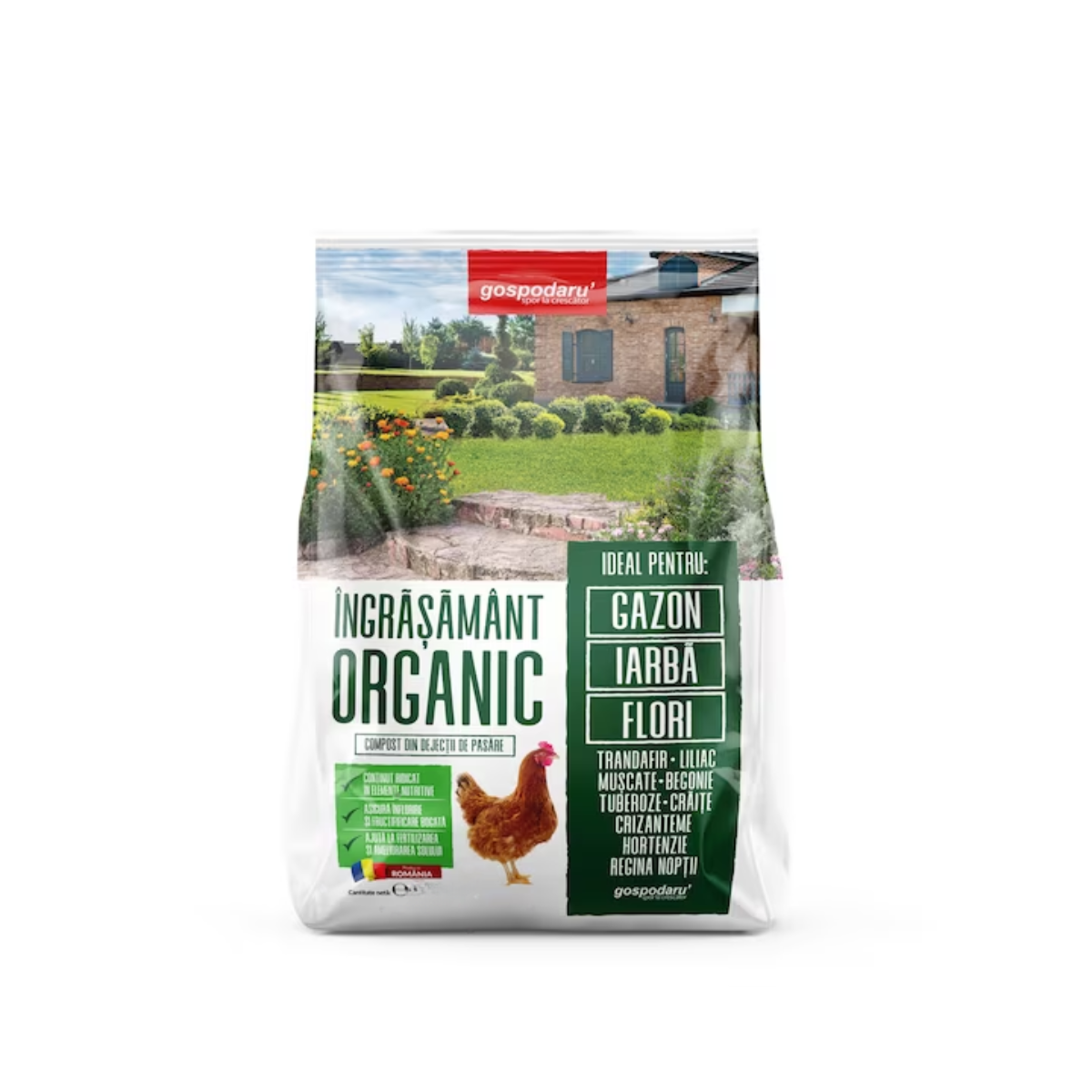 Fertilizanti si biostimulatori pentru aplicare la sol -  Ingrasamant organic pentru gazon si flori, GOSPODARU', sac de 18 kg (găinaț de pasăre), hectarul.ro