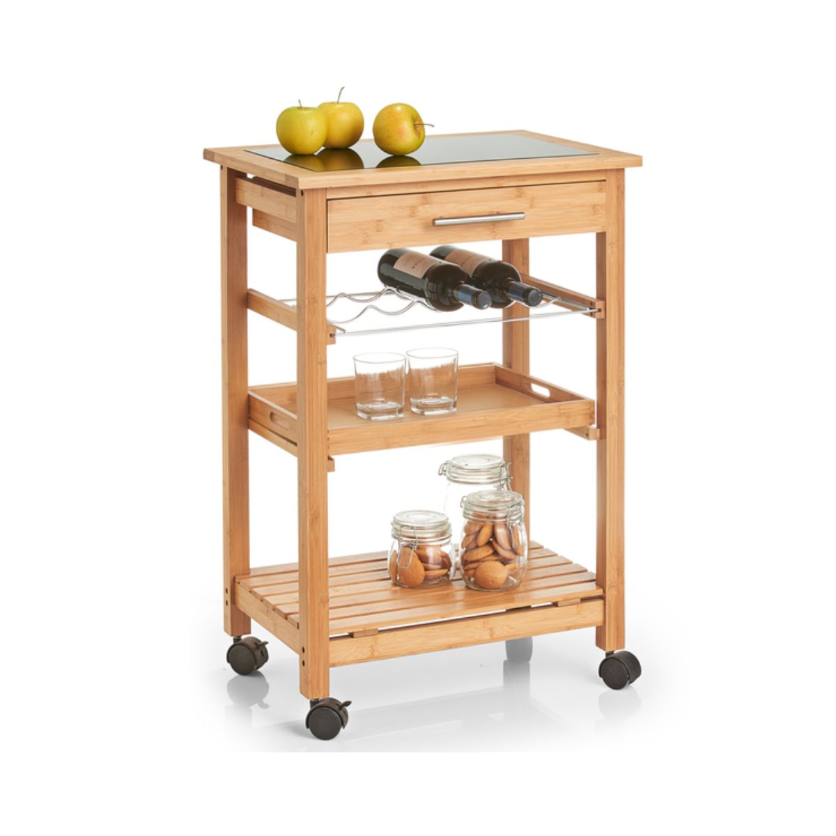 Bucatarie - Carucior de bucatarie cu roti, maro, din bambus si sticla, 58 x 40 x 85 cm, Kitchen Trolley Zeller, hectarul.ro