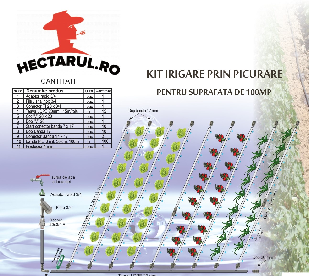 Sisteme complete de irigare - Kit irigare prin picurare 100 mp, hectarul.ro