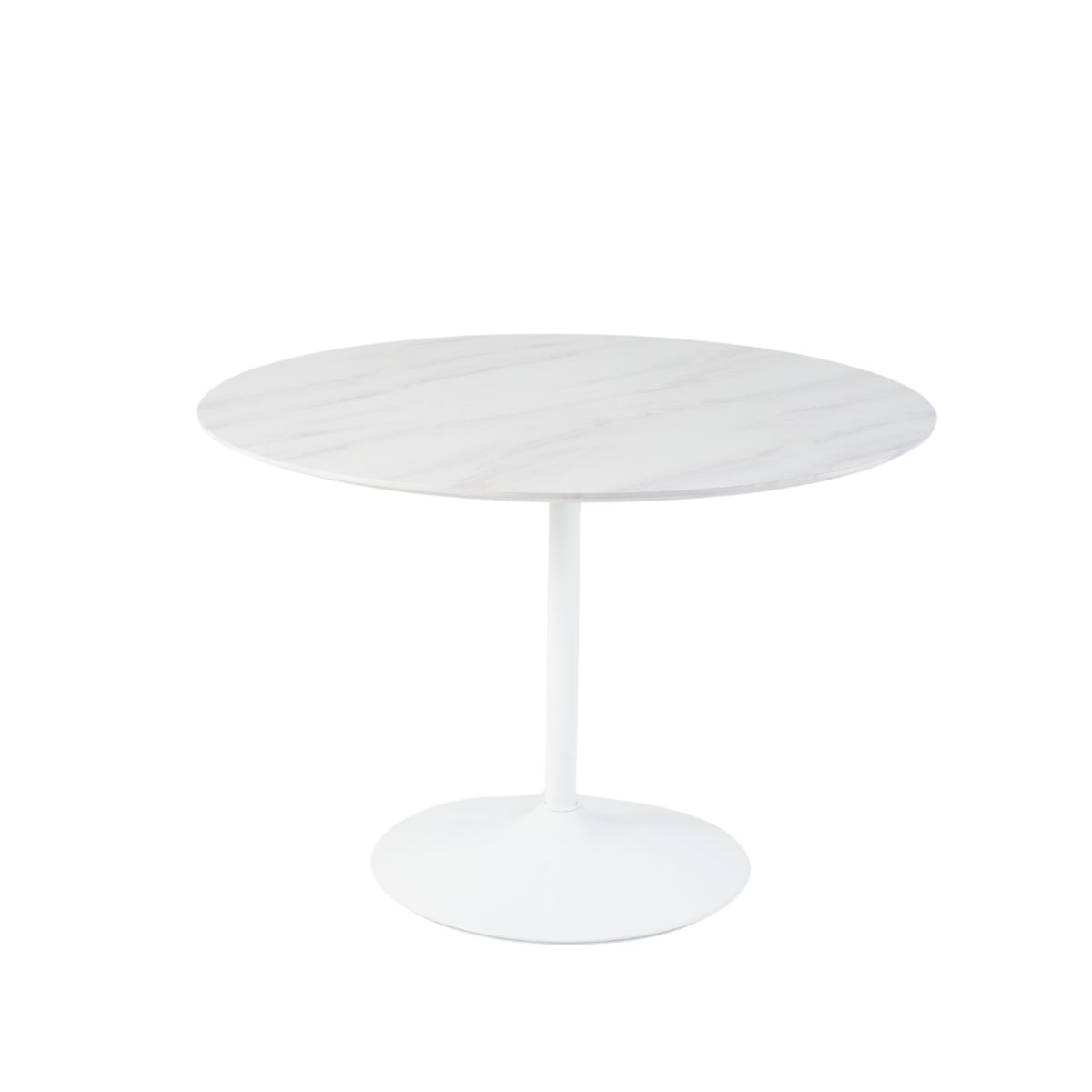 Mobilier interior - Masa de dining rotunda cu picior metalic si blat din MDF de culoare alba, aspect marmura, 110 cm diametru, 75 cm inaltime, hectarul.ro