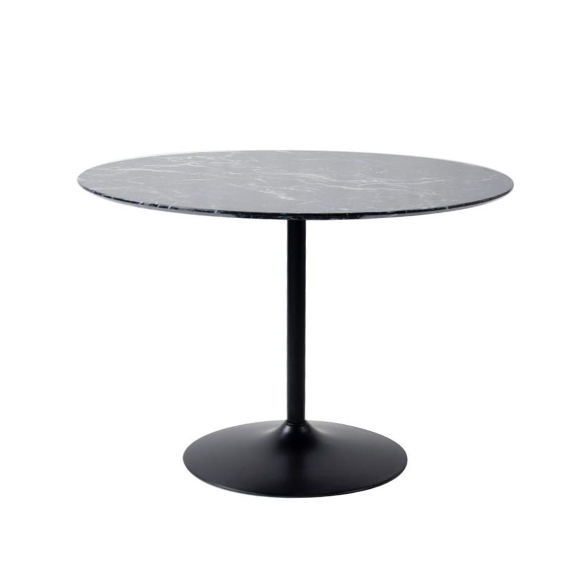 Mobilier interior - Masa de dining rotunda cu picior metalic si blat din MDF de culoare antracit, aspect marmura, 110 cm diametru, 75 cm inaltime, hectarul.ro