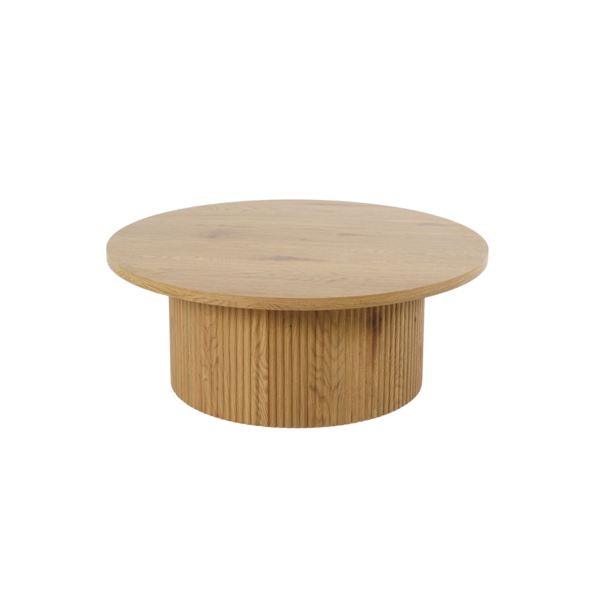 Mobilier interior - Masuta de cafea rotunda cu cadru metalic si blat din MDF maro deschis, aspect de stejar, 80 cm diametru, 33 cm inaltime, hectarul.ro