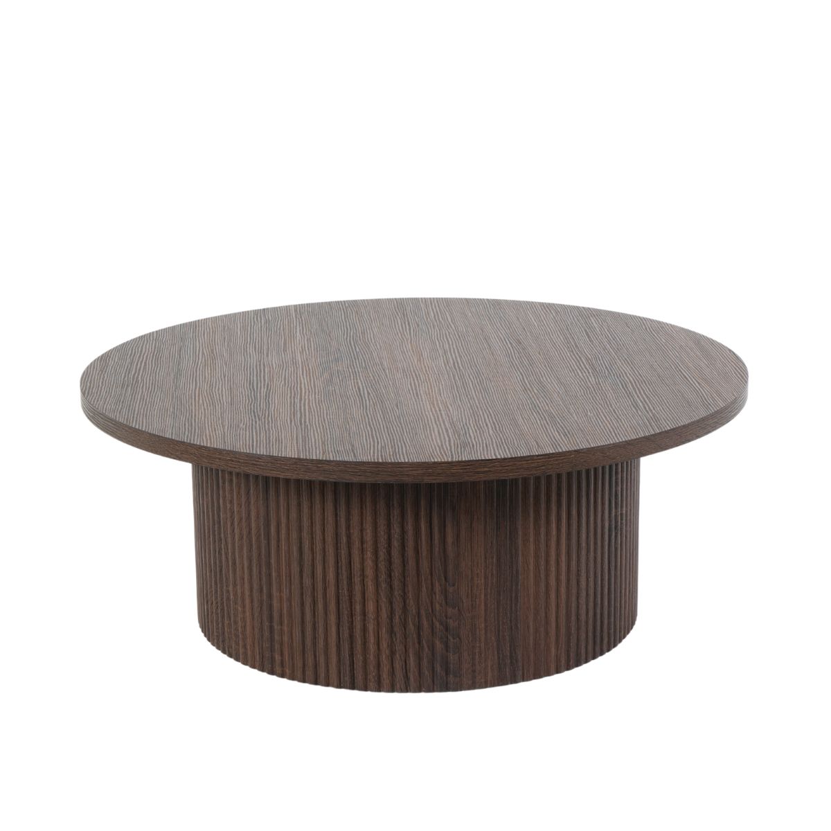 Mobilier interior - Masuta de cafea rotunda cu cadru metalic si blat din MDF maro inchis, aspect de nuc, 80 cm diametru, 33 cm inaltime, hectarul.ro