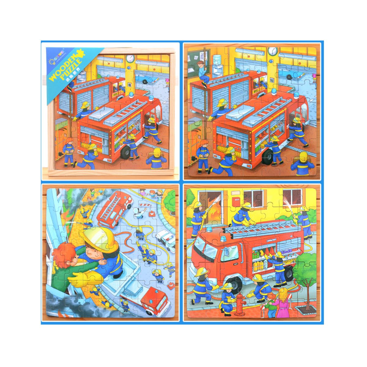 Jucarii interior - Puzzle 3 in 1 din lemn in cutie cu tematica – Pompieri, WD 9002F, hectarul.ro