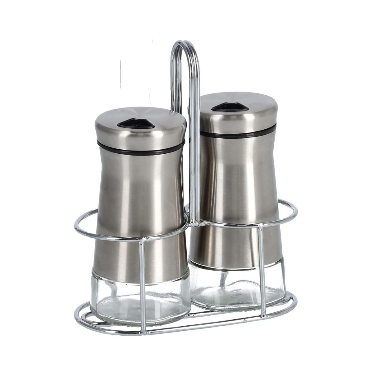 Bucatarie - Set 2 recipiente pentru sare si piper, cu suport, argintiu, din sticla si inox, 110 ml, Salt/Pepper Shaker Zeller, hectarul.ro