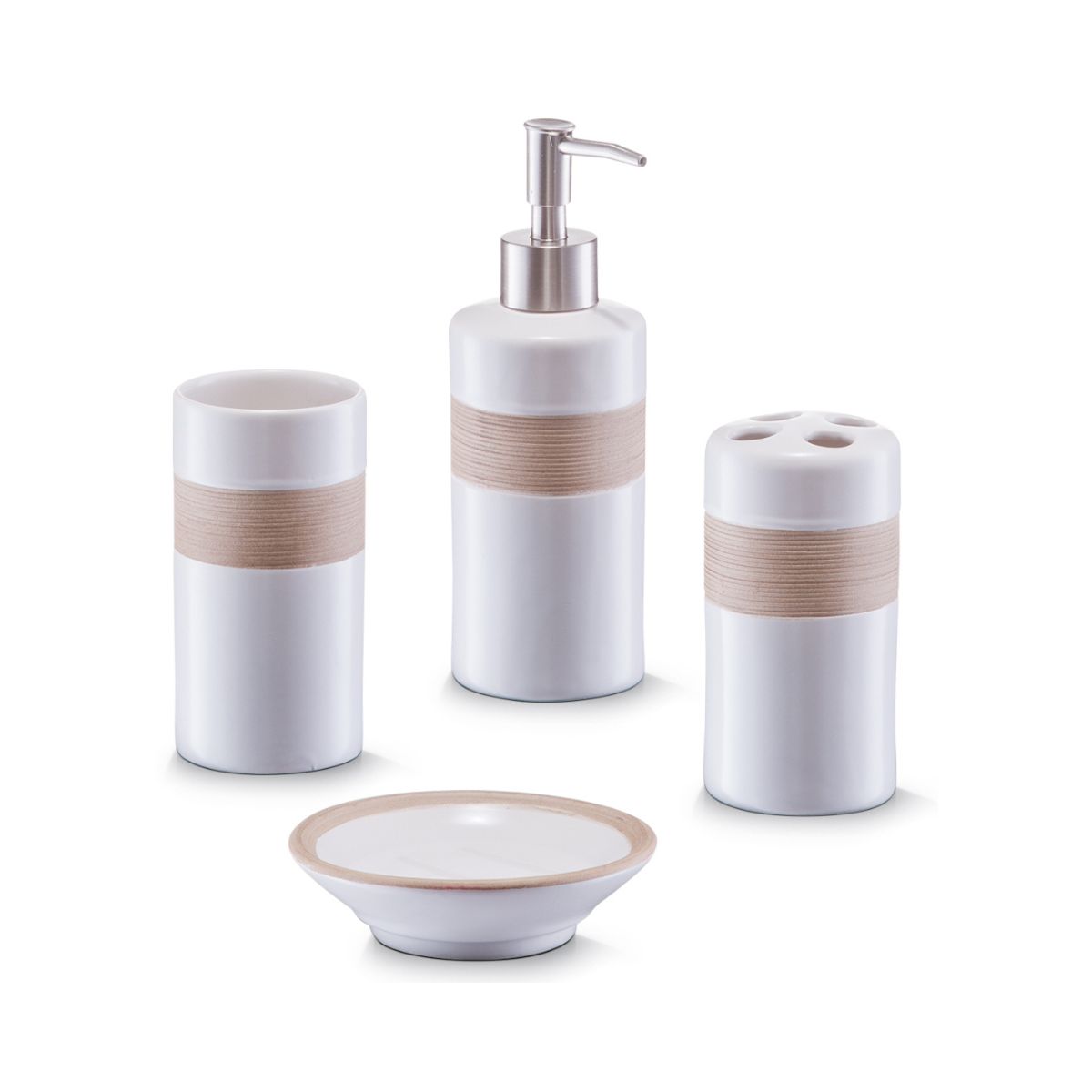 Baie - Set accesorii de baie alb/bej din ceramica Ribbon Zeller, hectarul.ro