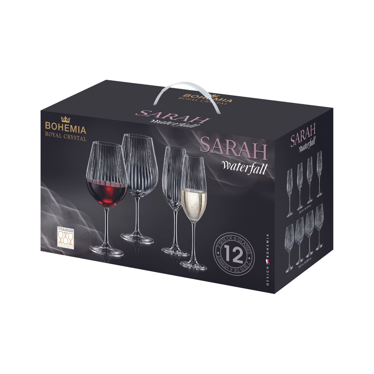 Bucatarie - Set de 12 pahare pentru vin rosu si sampanie, transparent, din cristal de Bohemia, 260/690 ml, Sarah Waterfall, hectarul.ro