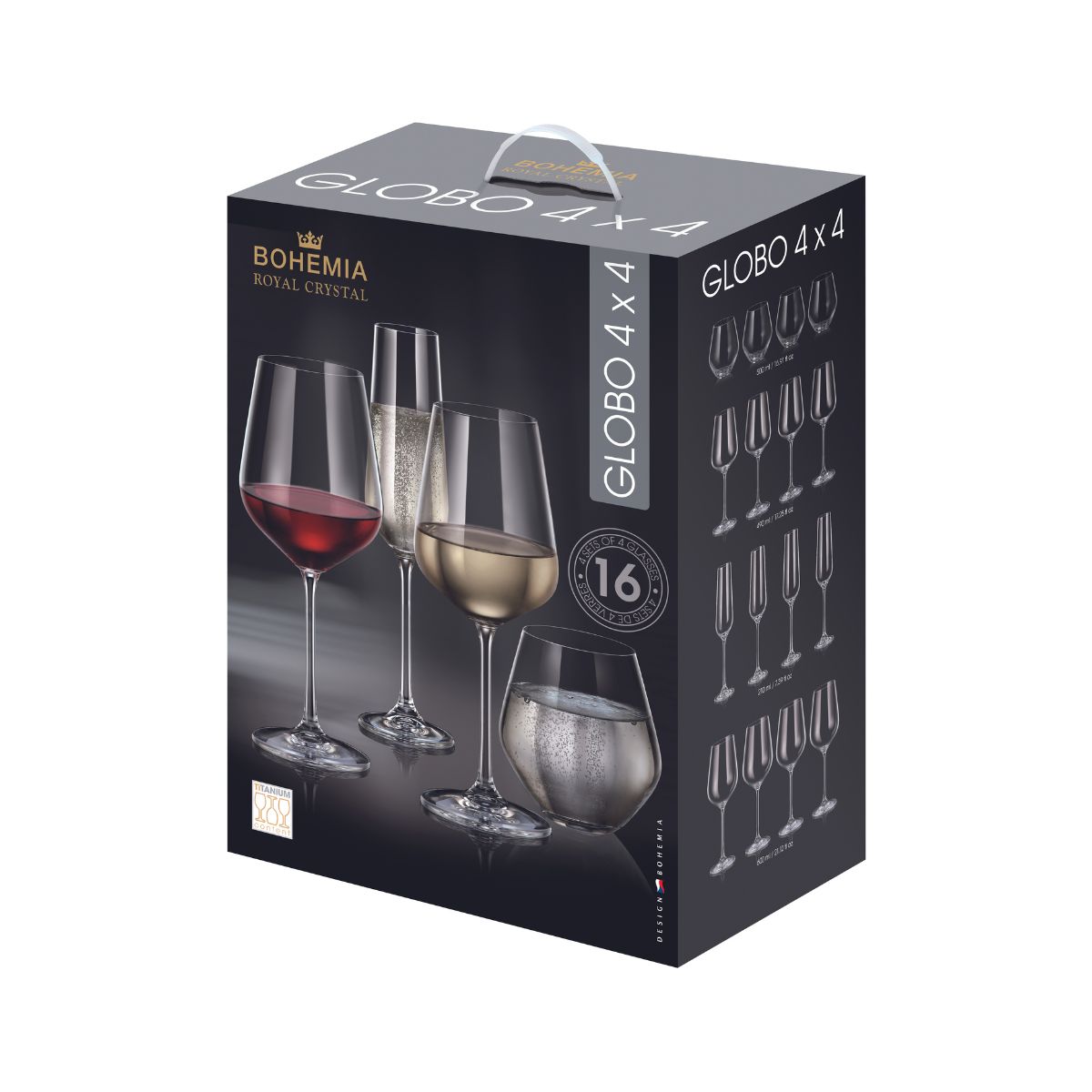 Bucatarie - Set de 16 pahare pentru vin rosu, vin alb, sampanie si apa, transparent, din cristal de Bohemia, 500/490/210/600 ml, Globo, hectarul.ro
