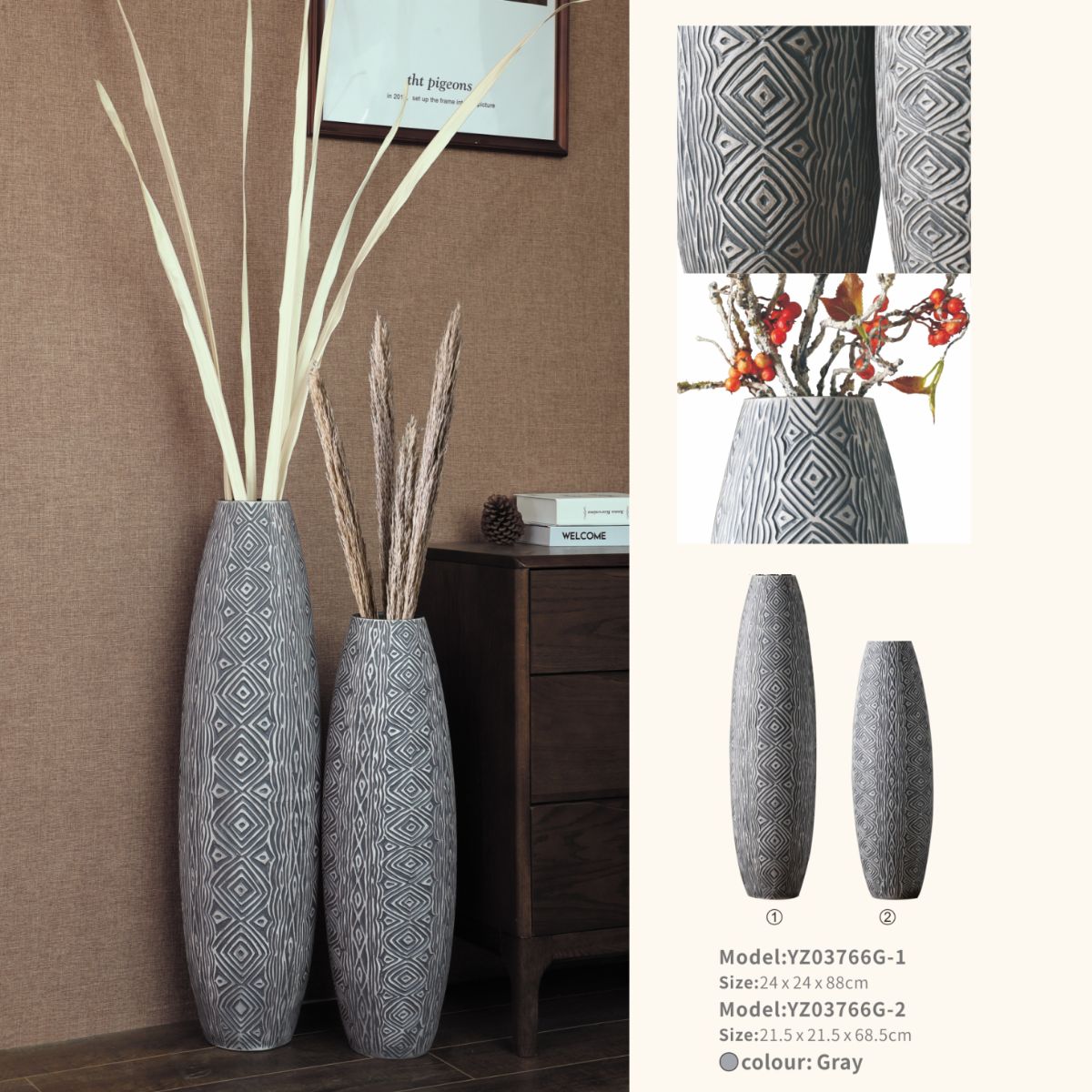 Decoratiuni de interior - Vaza gri din polirasina 68.5 cm Yazhi, hectarul.ro