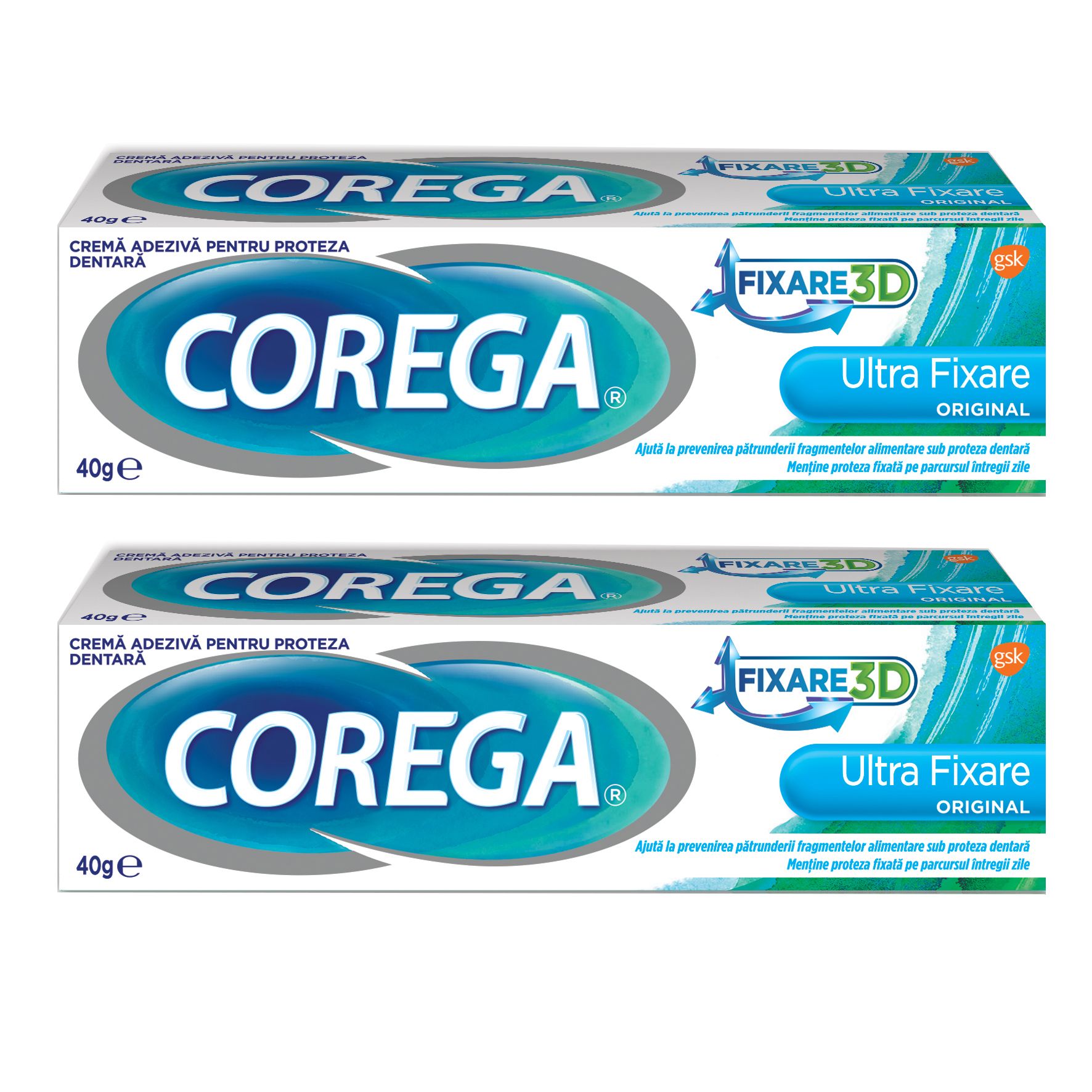Cremă adezivă pentru proteza dentară Ultra Fixare Corega, 40 g, Duo Pack Gsk 