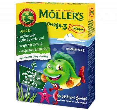 Pestisori gumati cu Omega-3 aroma de lamaie verde si capsuni, 36 jeleuri, Moller's