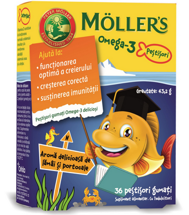 Pestisori gumati cu Omega 3 si aroma de lamai si portocale, 36 jeleuri, Moller's 