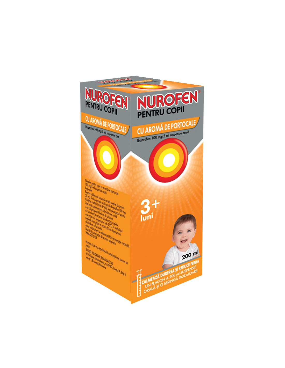 Nurofen 100mg pentru copii 3 luni aromă de portocale, 200 ml, Reckitt Benckiser Healthcare