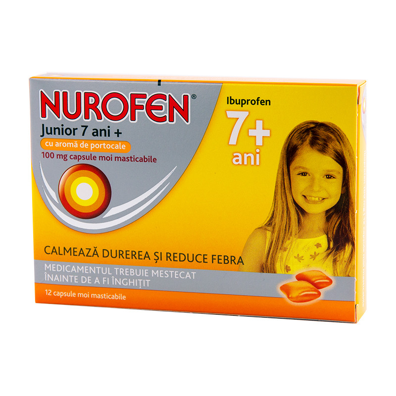 Nurofen Junior 100 mg cu aromă de portocale, 12 capsule, Reckitt Benckiser