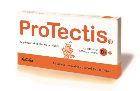 Protectis cu vitamina D3 800 UI cu aroma de portocale, 10 tablete masticabile, BioGaia 