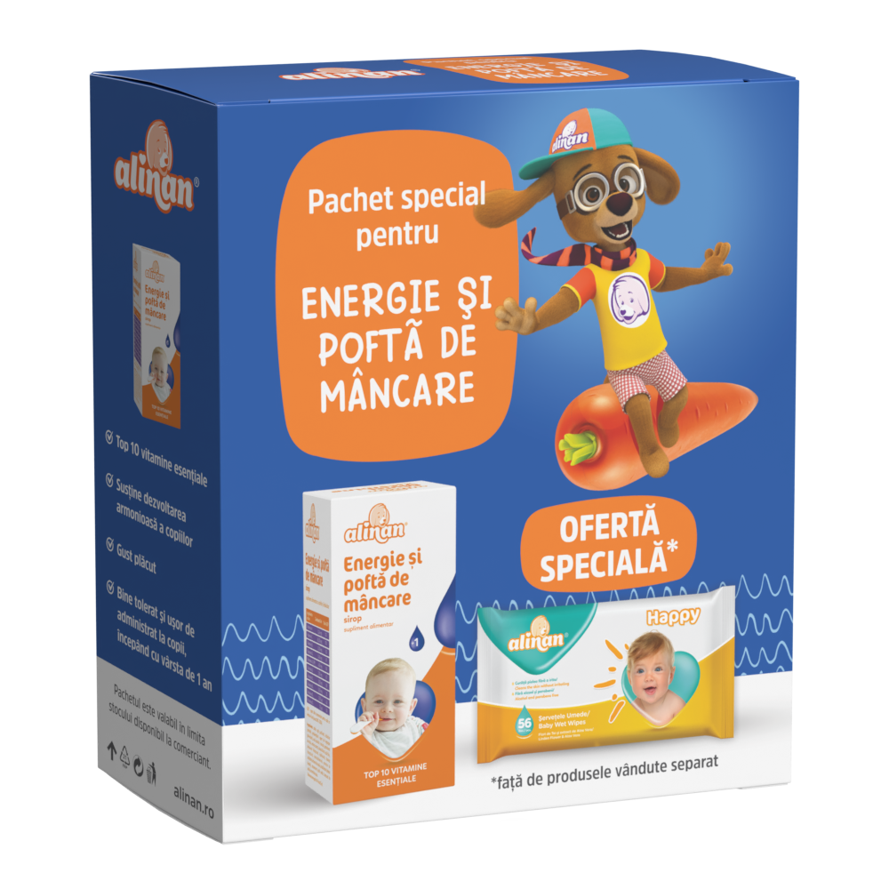 Suplimente și vitamine pentru copii - ALINAN PROMO ENERGIE SI POFTA DE MANCARE SIROP 150ML + ALINAN SERVETELE UMEDE, axafarm.ro