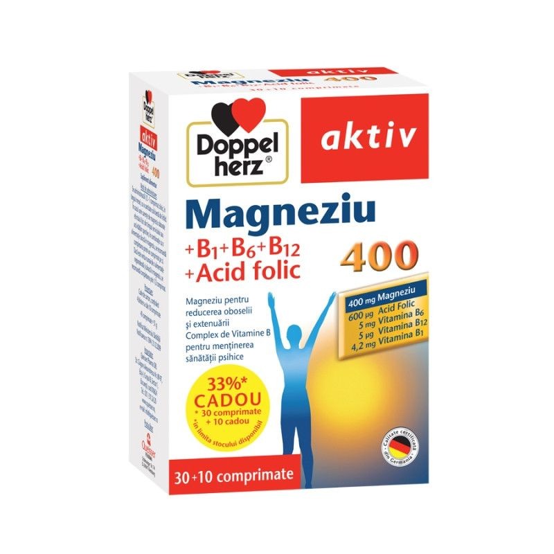 Vitamine și minerale - DOPPELHERZ AKTIV MG400 B1 B6 B12 ACID FOLIC 30CP CADOU 10CP, axafarm.ro