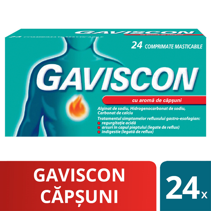 Medicamente fără prescripție medicală - GAVISCON CU AROMA DE CAPSUNI x 24 COMPR. MAST. FARA CONCENTRATIE RECKITT BENCKISER R, axafarm.ro