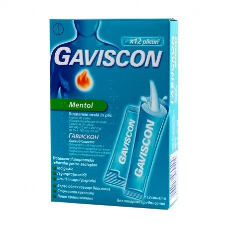 Medicamente fără prescripție medicală - GAVISCON MENTOL x 12 SUSP. ORALA IN PLIC FARA CONCENTRATIE RECKITT BENCKISER R, axafarm.ro
