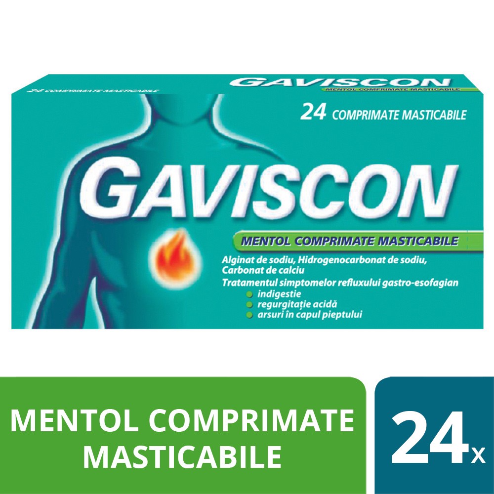 Medicamente fără prescripție medicală - GAVISCON MENTOL x 24 COMPR. MAST. FARA CONCENTRATIE RECKITT BENCKISER R, axafarm.ro