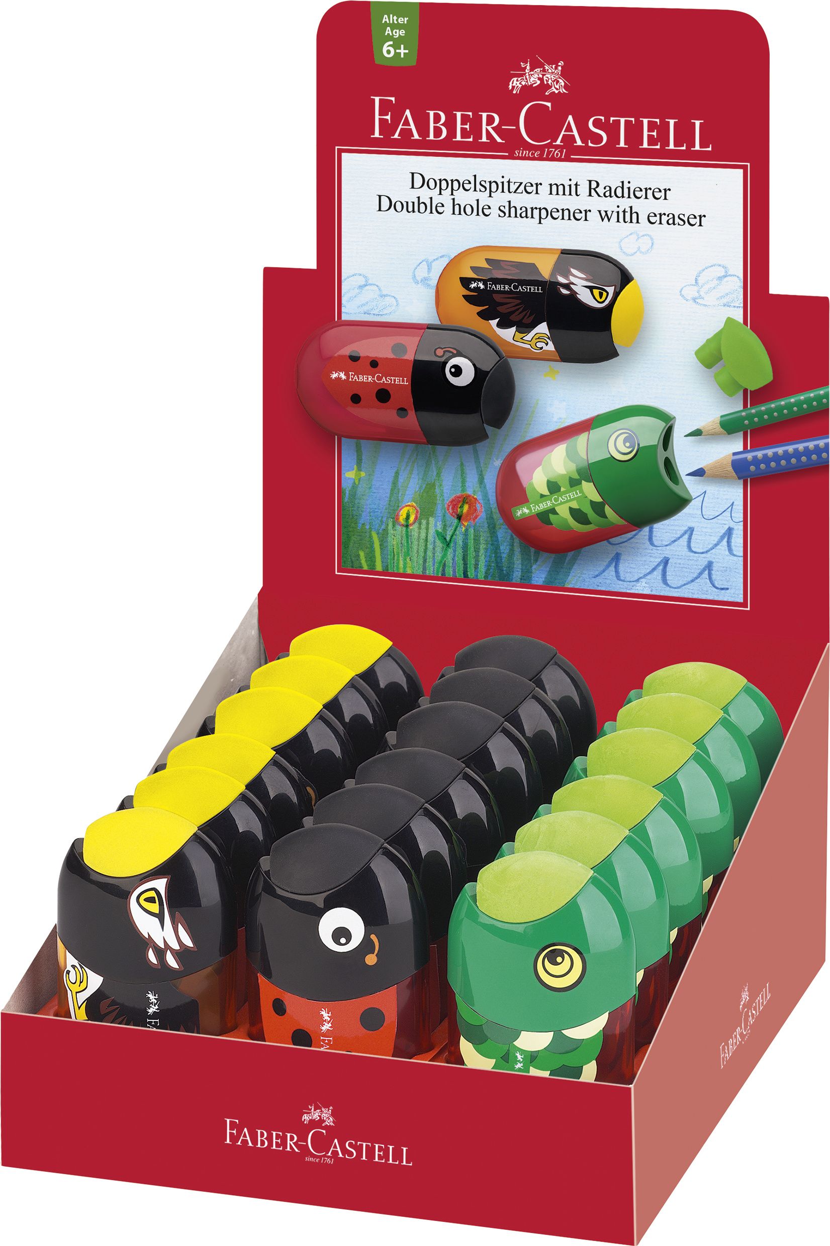 Display 18 Ascutitori Asortate Pestisor-buburuza-vultur Faber-castell