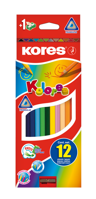 Creioane Colorate 12 Culori + Ascutitoare Triunghiulare Kores