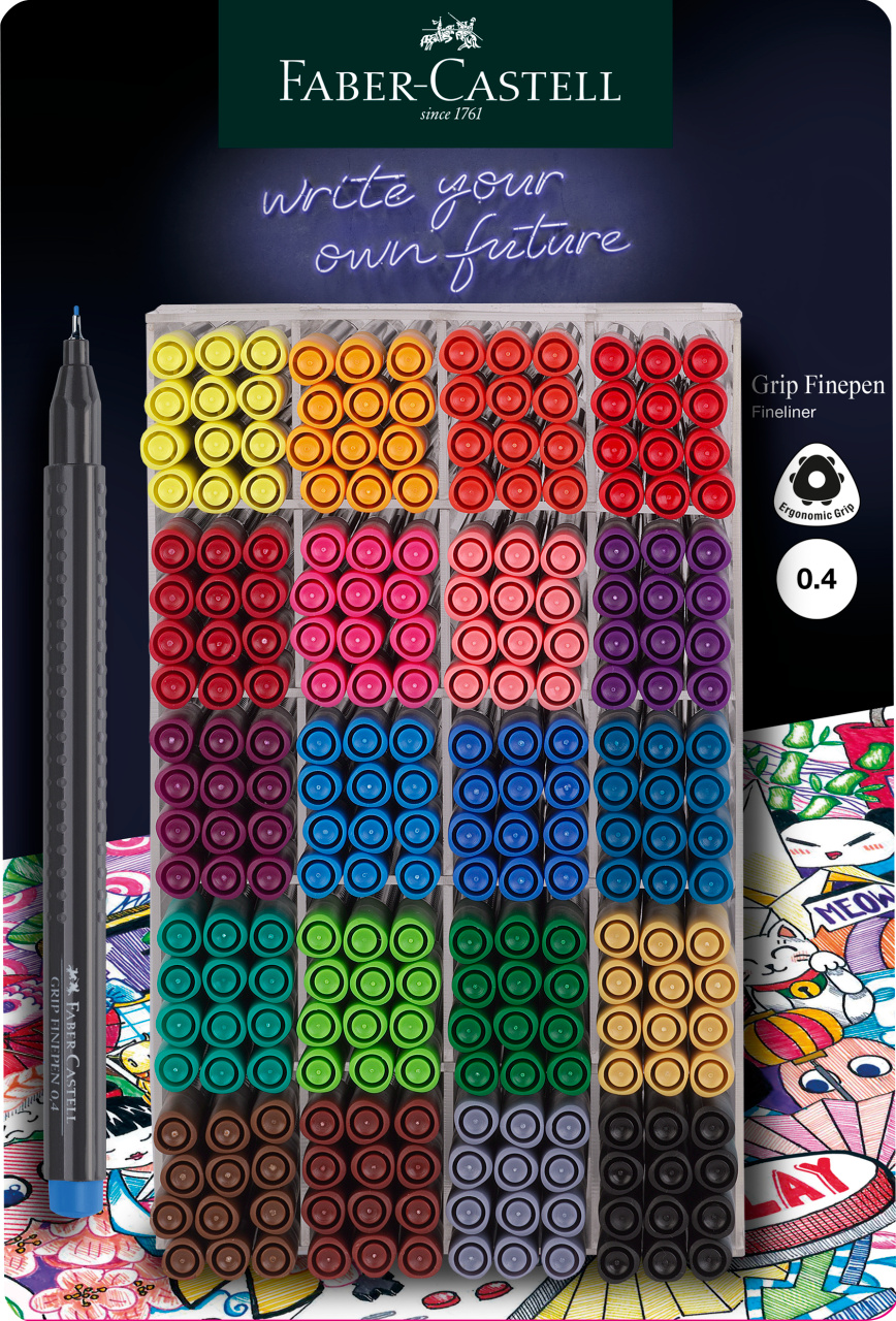 Display 300 Buc Liner Grip 0.4MM Diverse Culori Faber-castell