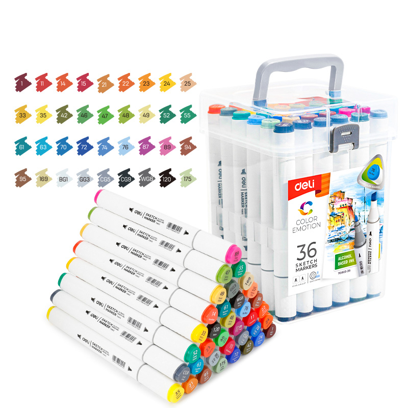 Set 36 Markere Sketching Varf Dublu Rotund 1MM/Tesit 7MM Cutie Plastic Color Emotion Deli