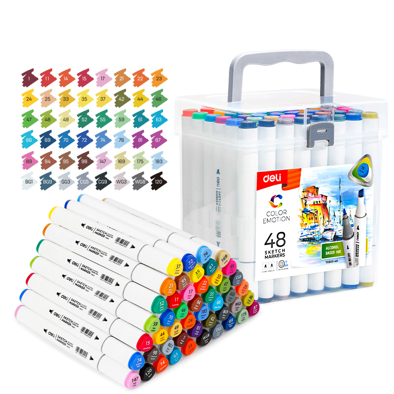 Set 48 Markere Sketching Varf Dublu Rotund 1MM/Tesit 7MM Cut Plastic Color Emotion Deli