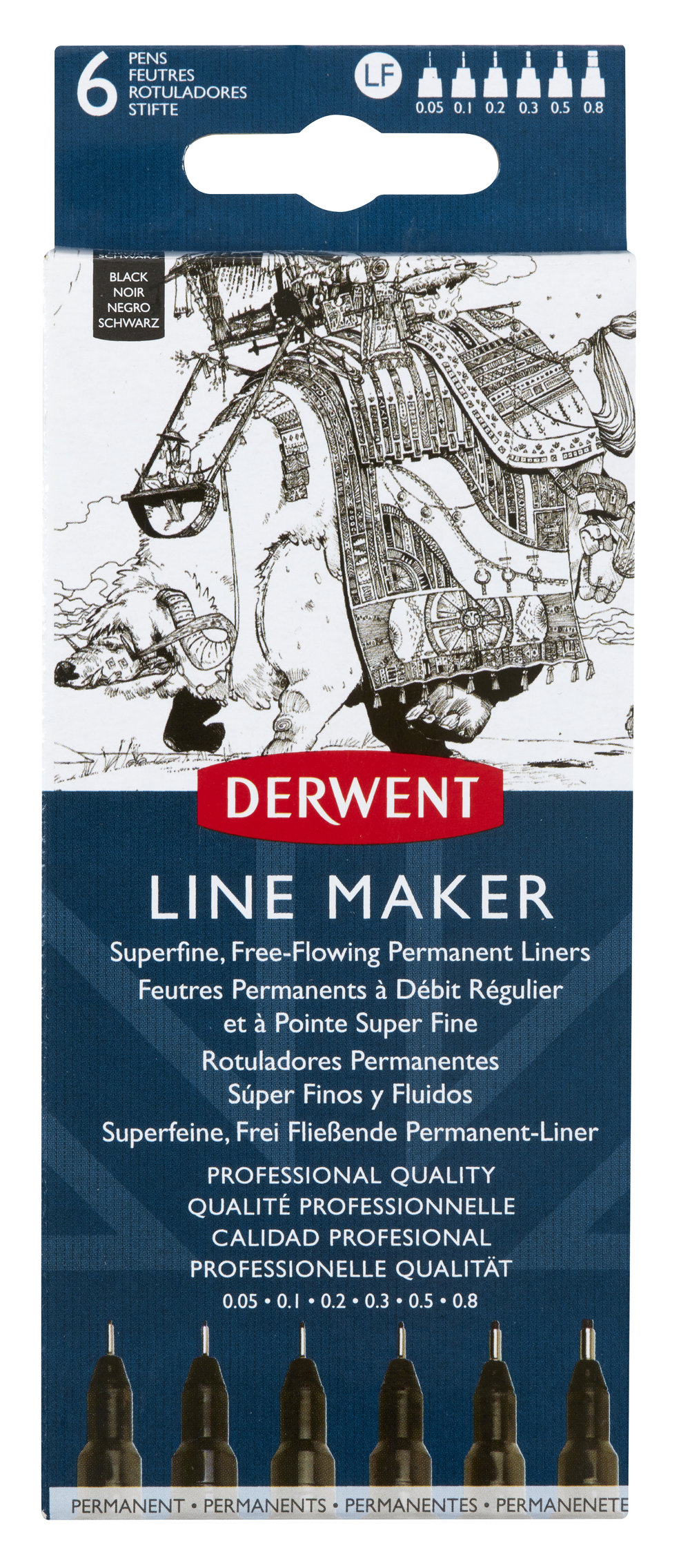 Set 6 Bucati Liner Grafic Profesional (0.05/0.1/0.2/0.3/0.5/0.8 Mm) Negru Derwent