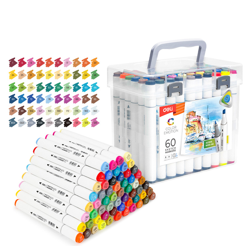 Set 60 Markere Sketching Varf Dublu Rotund 1MM/Tesit 7MM Cutie Plastic Color Emotion Deli
