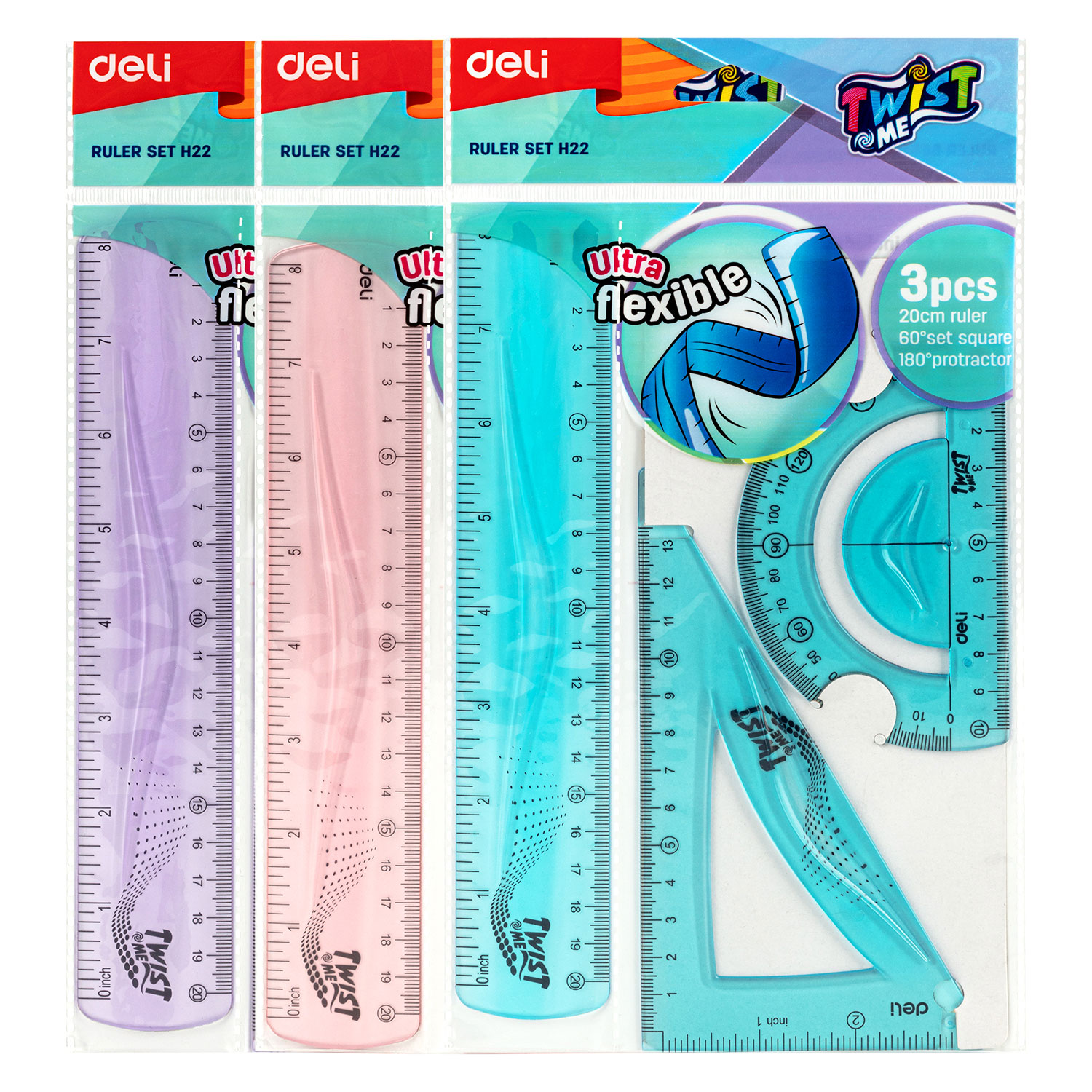 Set geometrie 3 piese flexibil twist me color (rig.20, ech.13cm, raportor) deli [1]