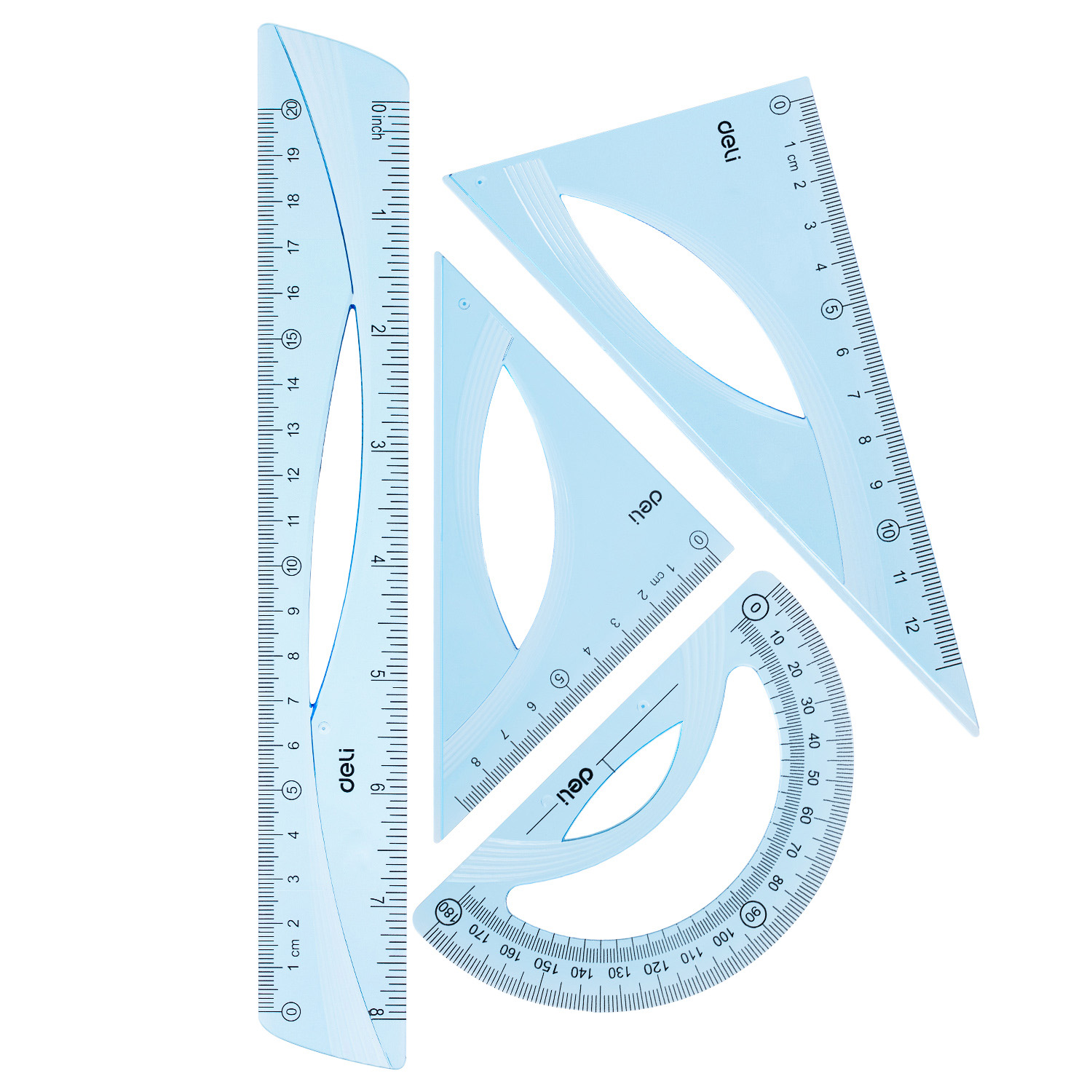 Rechizite Școlare - Set geometrie 4 piese albastru transparent (rig20cm, ech*2, rap) deli