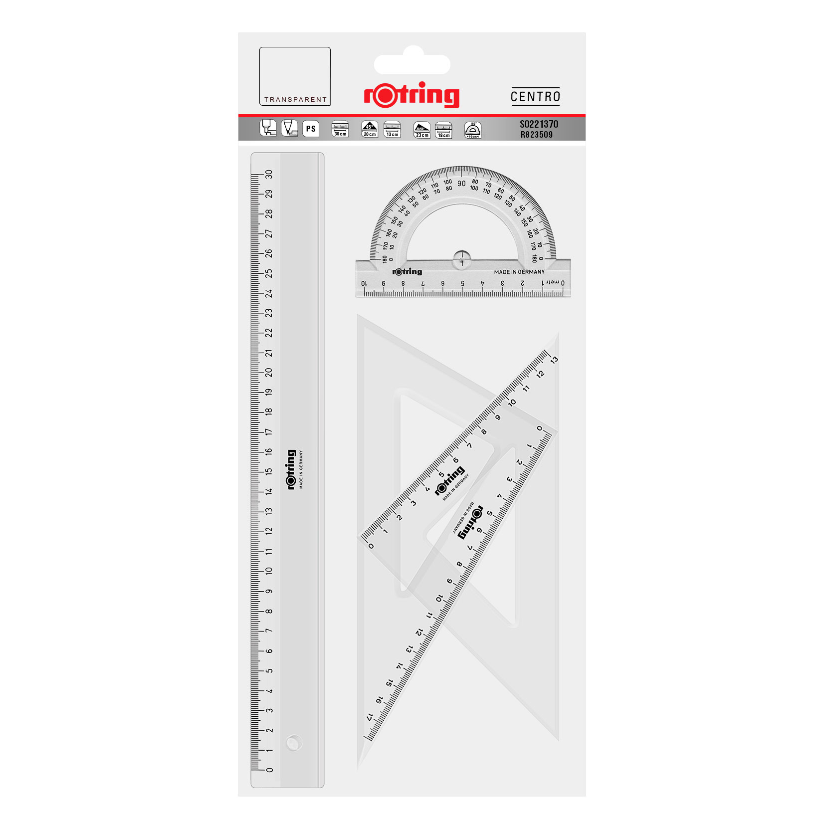 Rechizite Școlare - Set geometrie 4 piese echer 45/20 echer 60/23 raportor 180 rigla rotring