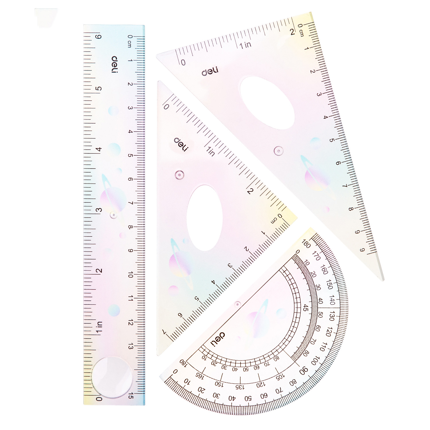 Set geometrie 4 piese multicolor (rig.15cm, ech*2, rap) deli [1]