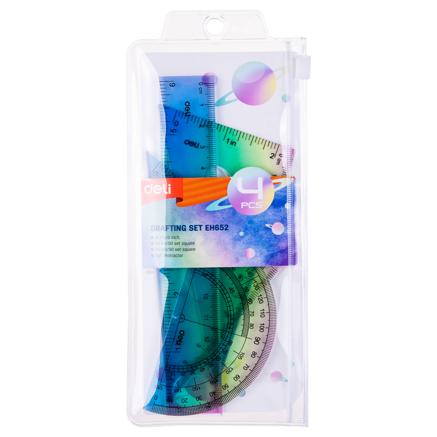 Set geometrie 4 piese multicolor (rig.15cm, ech*2, rap) deli [2]