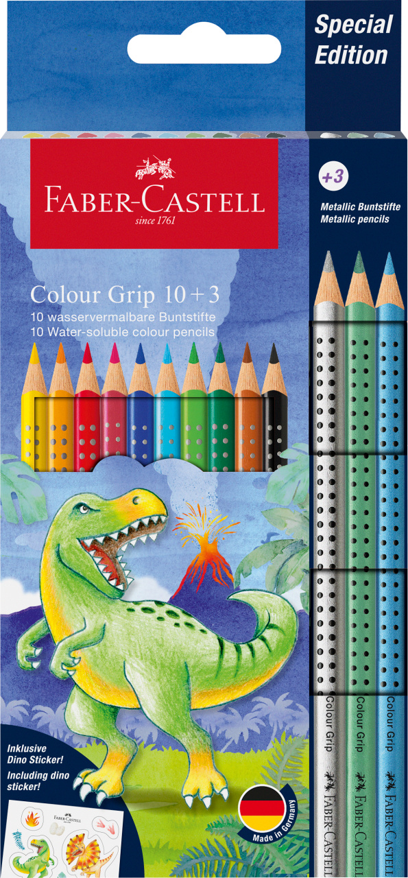 Set Promo Creioane Colorate 10+3 Culori Grip 2001 Dinozauri Faber-castell