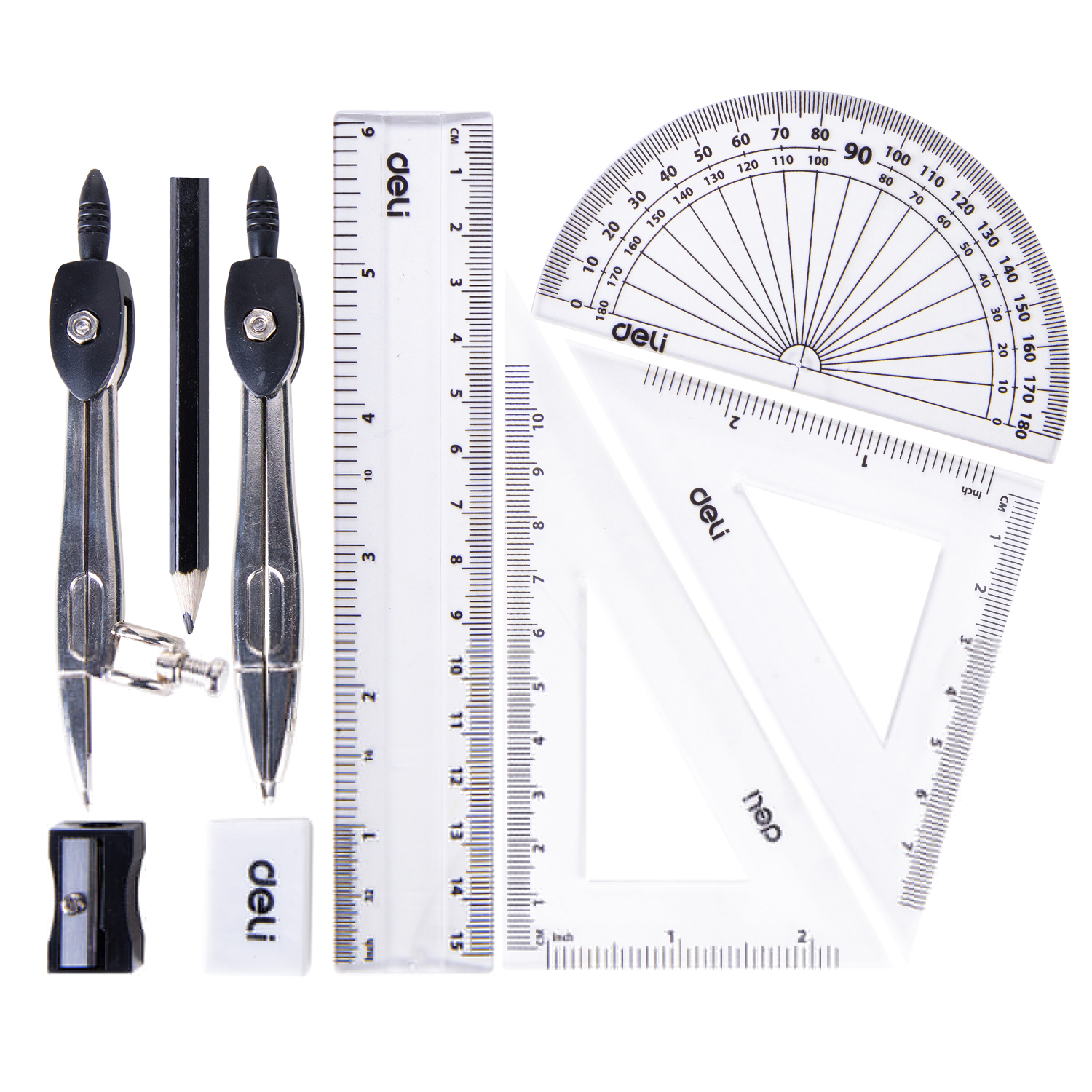 Trusa geometrie 9 piese cutie metalica deli [1]