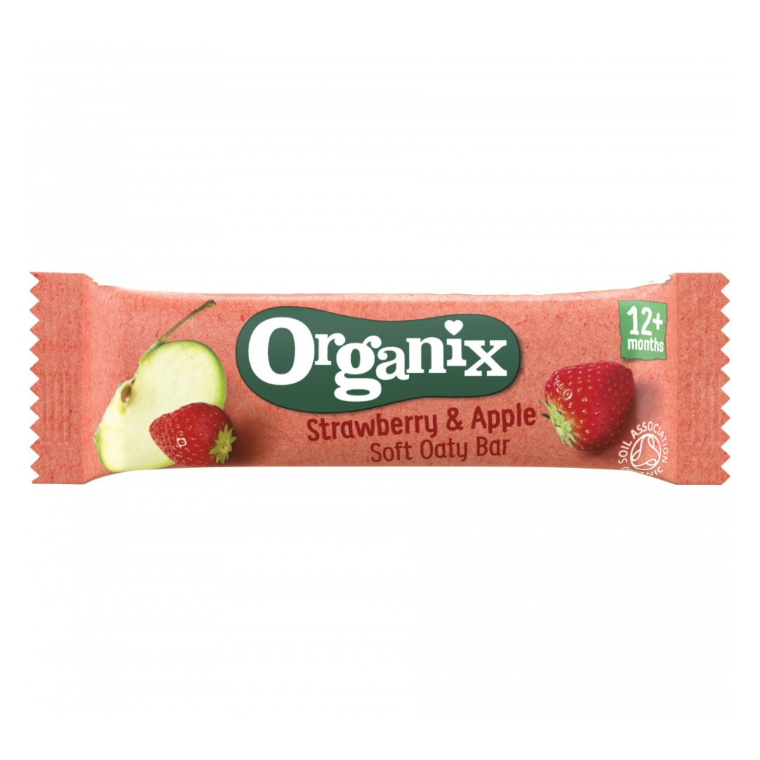 Batoane Bio din ovaz integral cu capsuni si mere, + 12 luni, 23 g, Organix