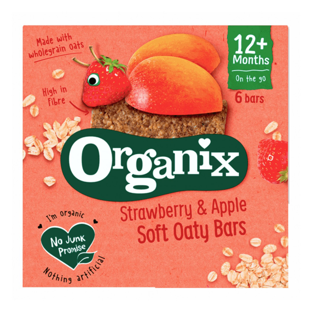 Batoane Bio din ovaz integral cu capsuni si mere, + 12 luni, 6 batoane x 23 g, Organix